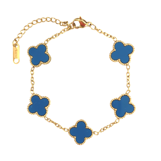 Goud met blauw klaver armband.